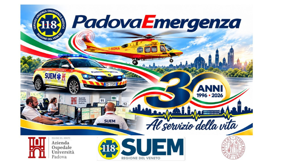 Poster con foto e grafica che ritraggono operatori SUEM al lavoro, ambulanze e testo