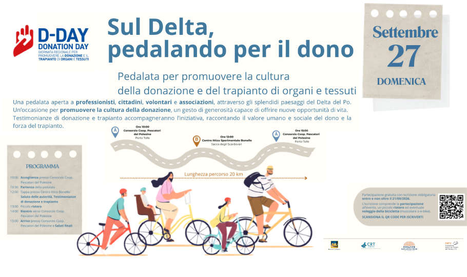 Grafica famiglia che pedala e testo relativo alla giornata del D-Day, giorno del Dono 27 settembre 2026