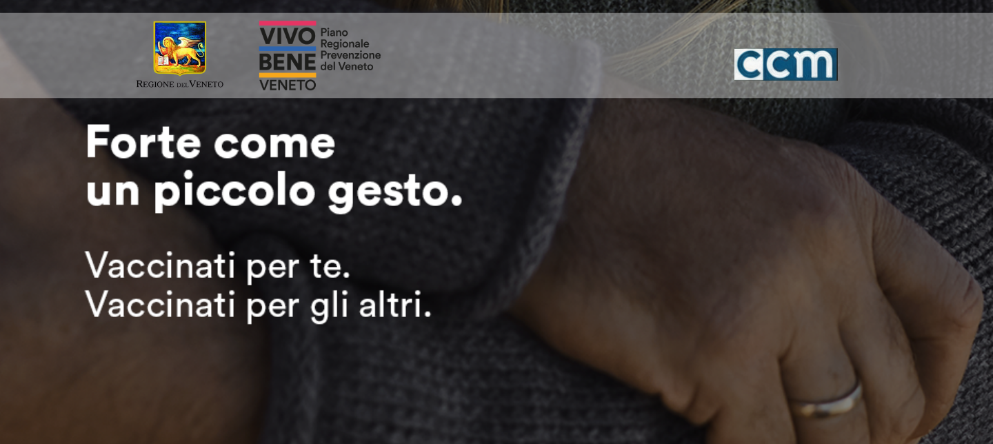 Particolare di un abbraccio in cui si vede una mano e loghi Regione e Campagna Vivo Bene Veneto